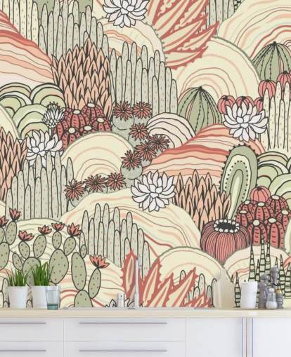 carta da parati piante cactus in terracotta e verde oliva