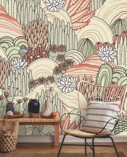 papel pintado de plantas de cactus verde oliva y terracota