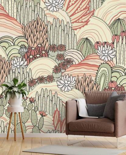 papier peint de plantes de cactus en terre cuite et vert olive