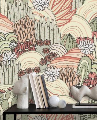 papel pintado de plantas de cactus verde oliva y terracota