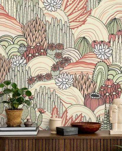 papel pintado de plantas de cactus verde oliva y terracota