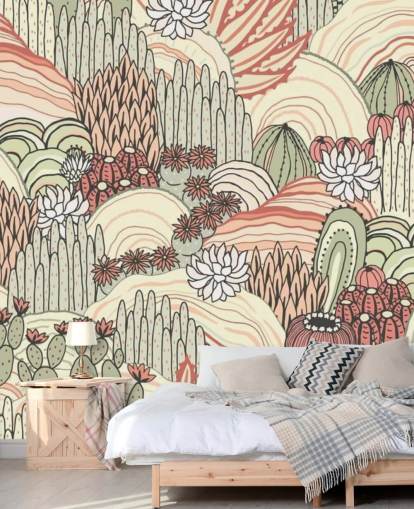 terracotta and olive green cactus plants wallpaper