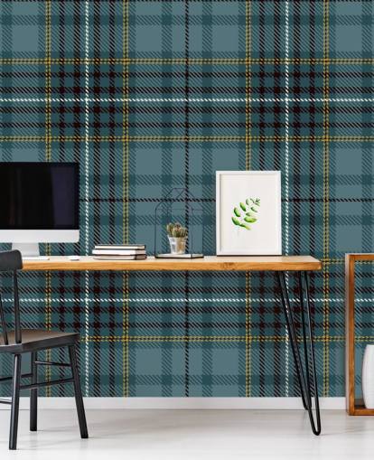 papel de parede tartan amarelo e verde-azulado