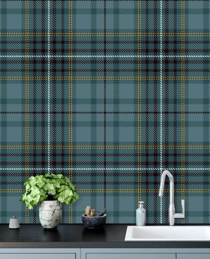 geel en groenblauw tartan behang