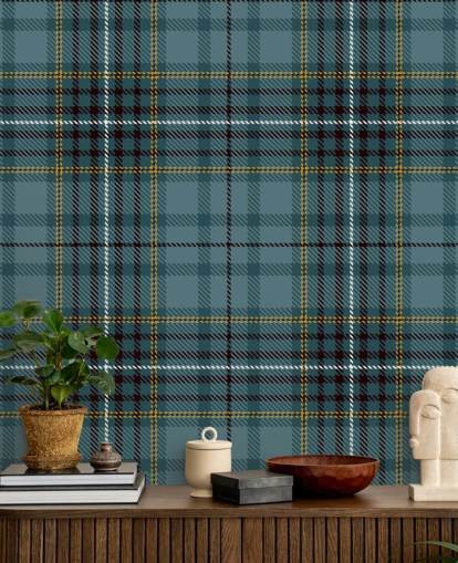 papel de parede tartan amarelo e verde-azulado