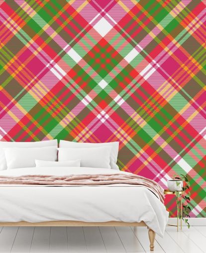 papel de parede tartan rosa, verde e branco