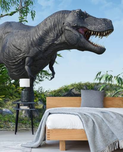 t rex rugissant dans le papier peint de la jungle