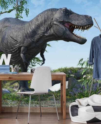 t rex rugissant dans le papier peint de la jungle