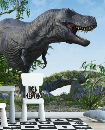 t rex ruggente nella giungla carta da parati