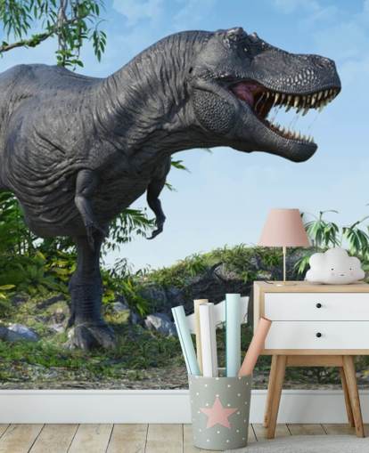 t rex rugissant dans le papier peint de la jungle
