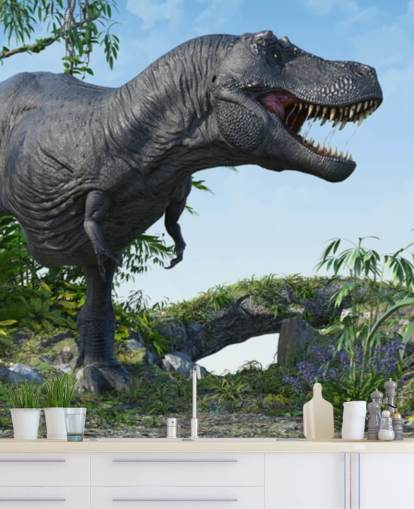 t rex ruggente nella giungla carta da parati