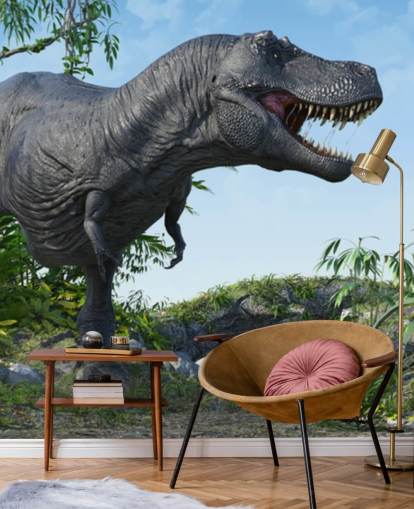 t rex ruggente nella giungla carta da parati