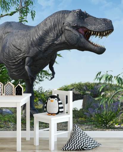 t rex brullend in jungle behang