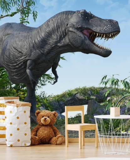 t rex ruggente nella giungla carta da parati