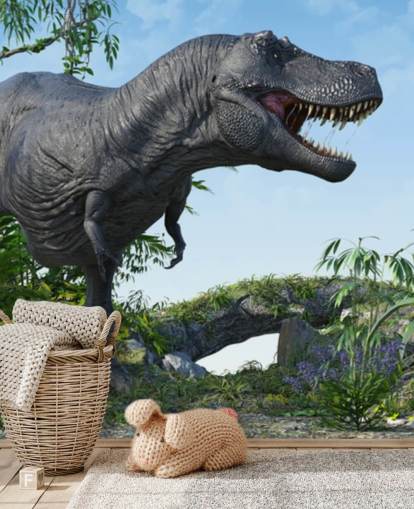 t rex rugissant dans le papier peint de la jungle