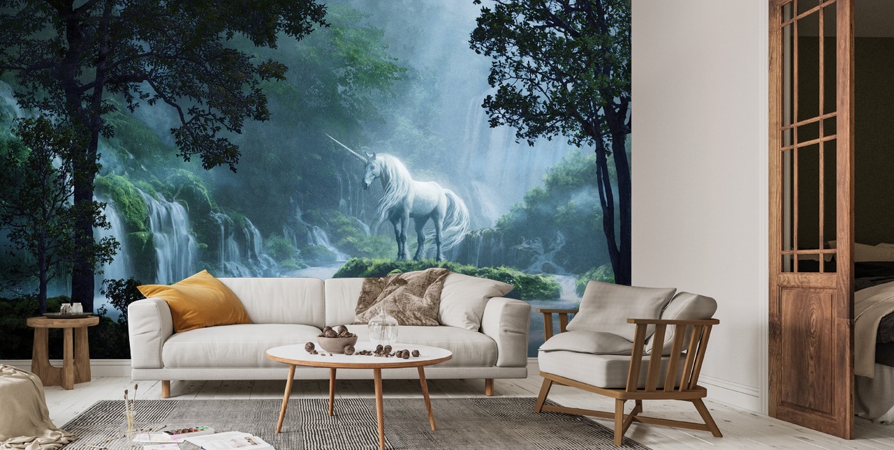 Beautiful Unicorn In A Magical Forest Digital Illustration Wallsauce Uk