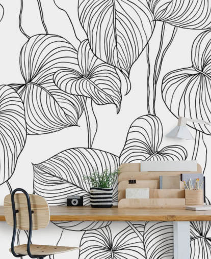 papel pintado de hojas blancas y negras