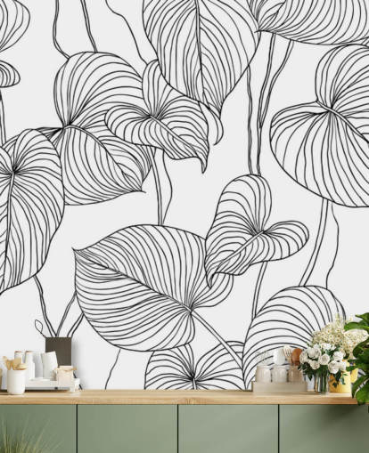 papel pintado de hojas blancas y negras