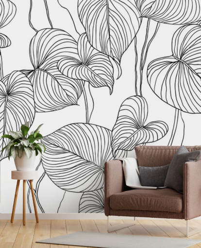 papel pintado de hojas blancas y negras