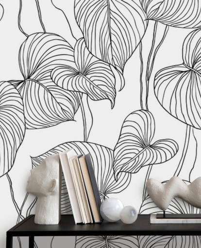 papier peint à feuilles noir et blanc