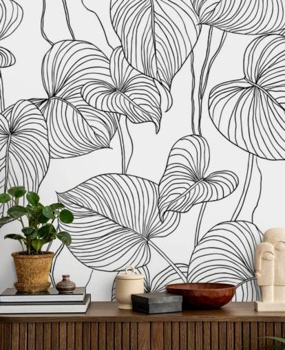 papel pintado de hojas blancas y negras