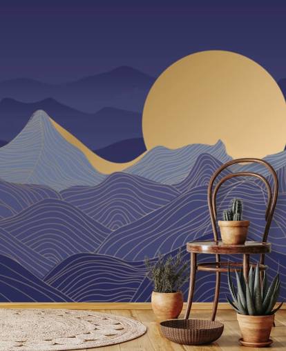 blue and gold coloured mountain line art wallpaper