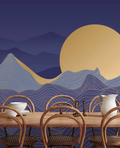 blå og gull farget fjelllinje kunst tapet