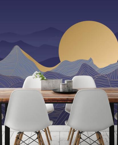 blue and gold coloured mountain line art wallpaper