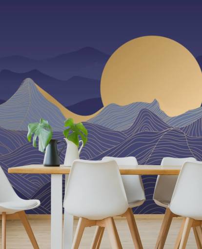 blå og gull farget fjelllinje kunst tapet
