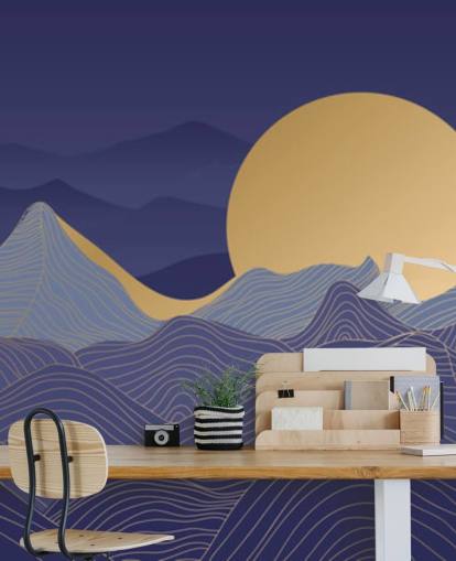 papel de parede de arte de linha de montanha azul e dourado