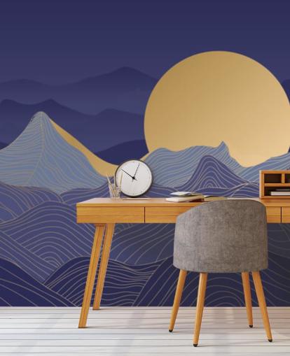 blue and gold coloured mountain line art wallpaper