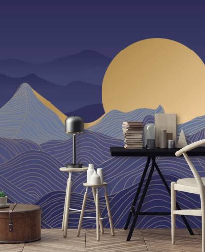 papel pintado de líneas de montaña de color azul y dorado