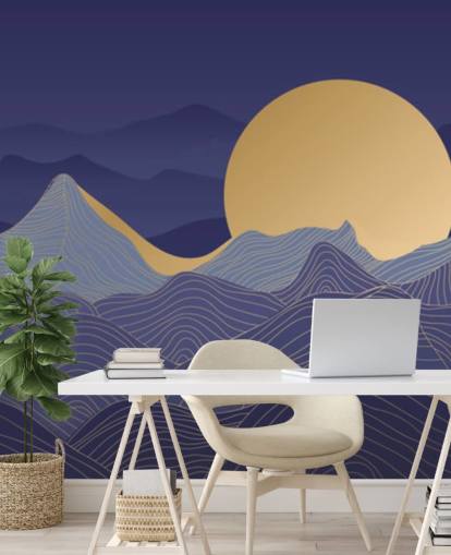blue and gold coloured mountain line art wallpaper