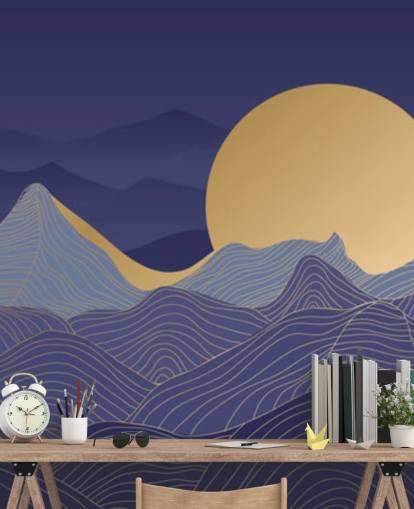 blue and gold coloured mountain line art wallpaper