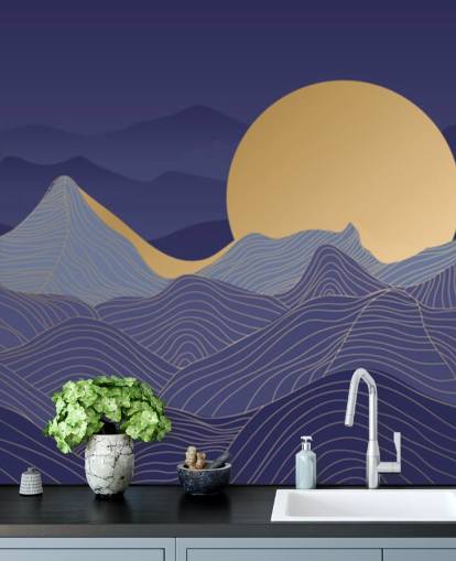 blue and gold coloured mountain line art wallpaper