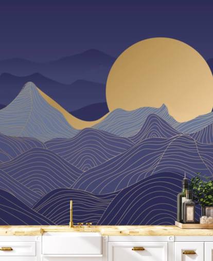 blue and gold coloured mountain line art wallpaper