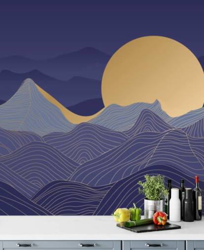 blue and gold coloured mountain line art wallpaper