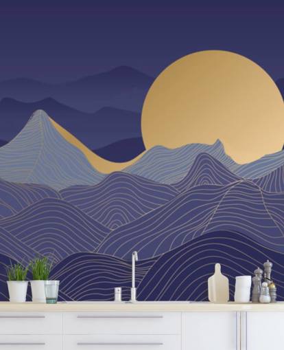 blaue und goldfarbene Berglinien-Kunsttapete