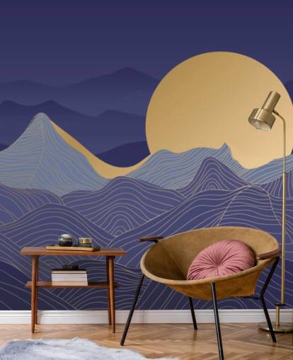 blå og gull farget fjelllinje kunst tapet