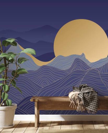 blue and gold coloured mountain line art wallpaper