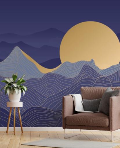 blauw en goudkleurig berglijnkunstbehang blauw en goudkleurig berglijnkunstbehang