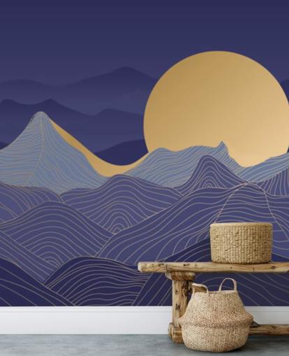 blaue und goldfarbene Berglinien-Kunsttapete