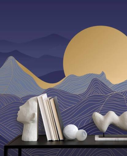 blue and gold coloured mountain line art wallpaper