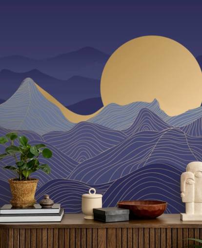 blue and gold coloured mountain line art wallpaper