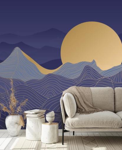 blue and gold coloured mountain line art wallpaper