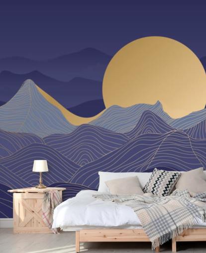 papel de parede de arte de linha de montanha azul e dourado