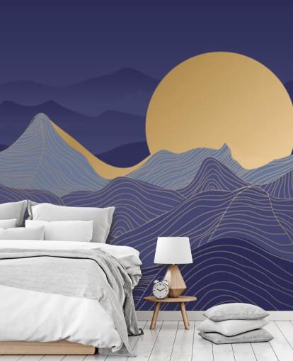blue and gold coloured mountain line art wallpaper