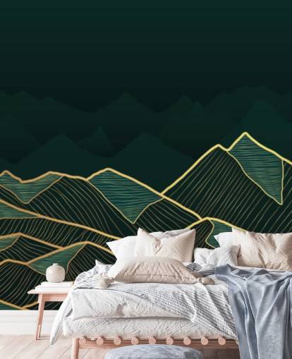 carta da parati montagna verde scuro e oro