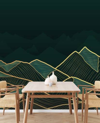 papel pintado de montaña verde oscuro y dorado
