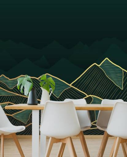 papel pintado de montaña verde oscuro y dorado